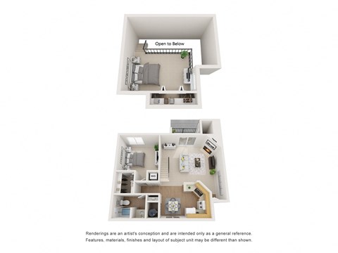 3-D image of a one bedroom one bath floor plan
